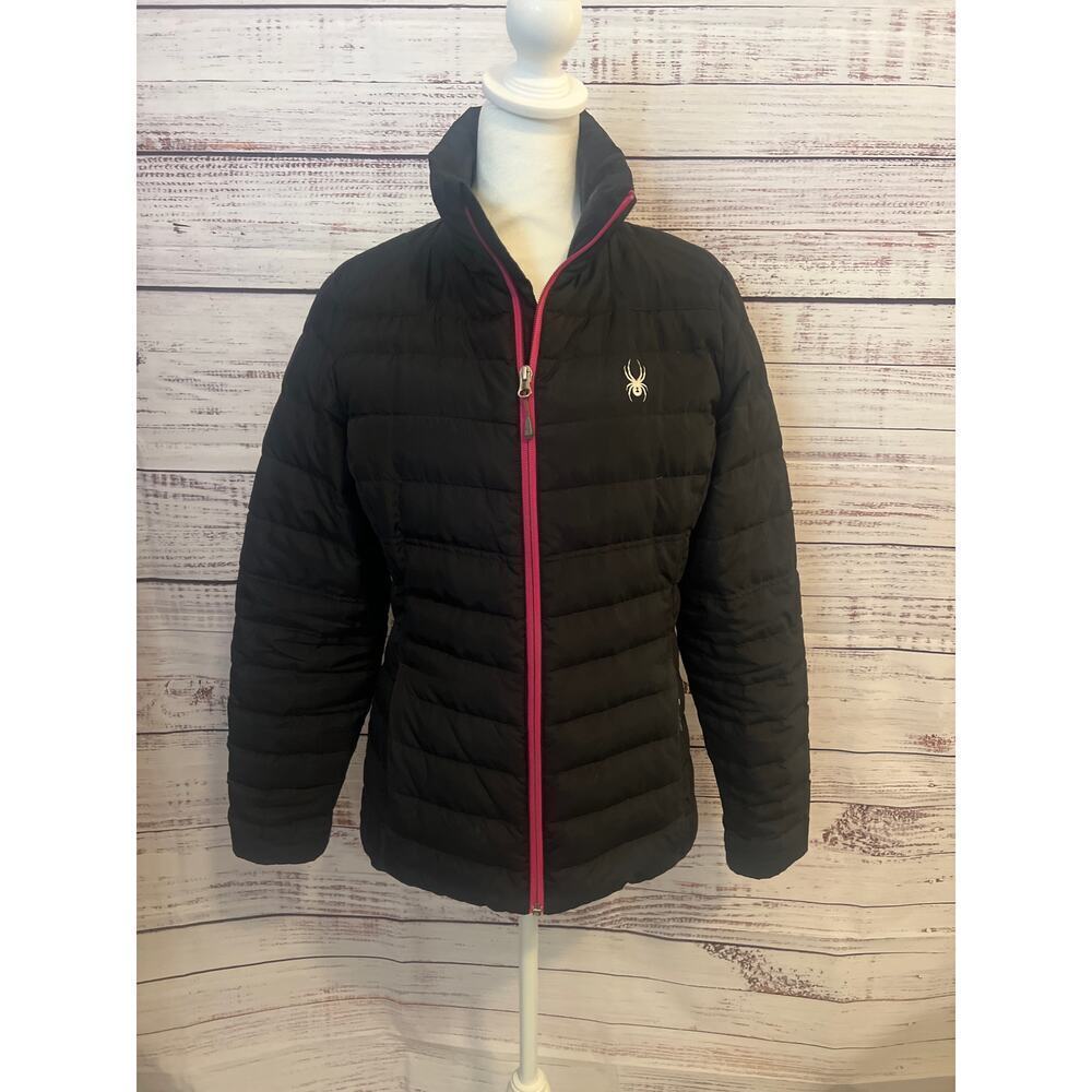 Spyder women's Prymo down puffer jacket in black with pink accents Size Medium